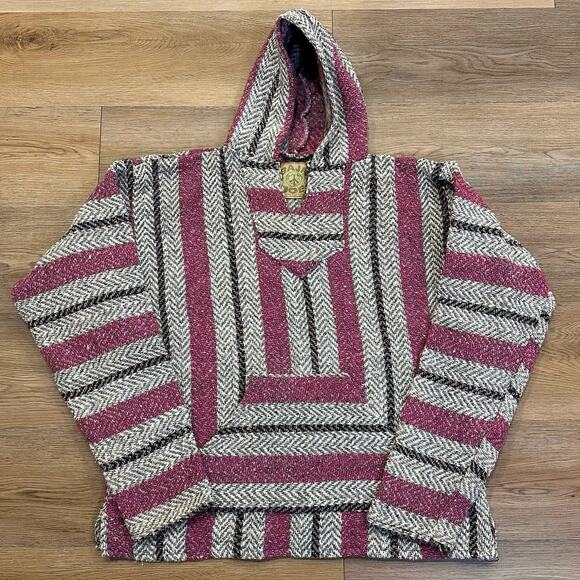 Vintage 90s Baja Joe Men’s Med Crandberry Mexican Baja Hoodie Drug Rug Pancho - Picture 4 of 12